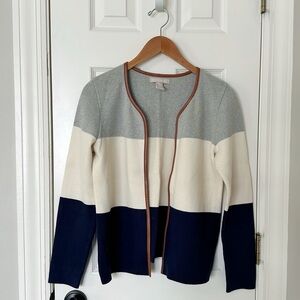 Banana Republic Gray, Cream, Navy Blue Color Block Open Front Cardigan Sweater